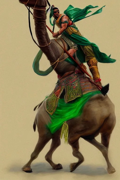 Prompt: arabian warrior, ride camel he use green turf and flag, realistic, sketch and art by jacqueline e, color by bo feng lin