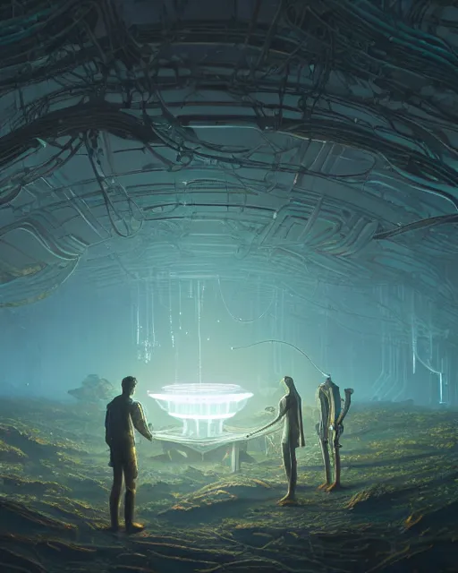 Prompt: long lost technology, ( ( antikythera ) ), silver, sci - fi, bioluminescence, futuristic complex 3 d render fantasy art by simon stalenhag, ilya kuvshinov, thomas kinkade, greg rutkowski, victo ngai. sharp focus, luminous, fractal leaves, intricate, highly detailed. post processing, ray tracing