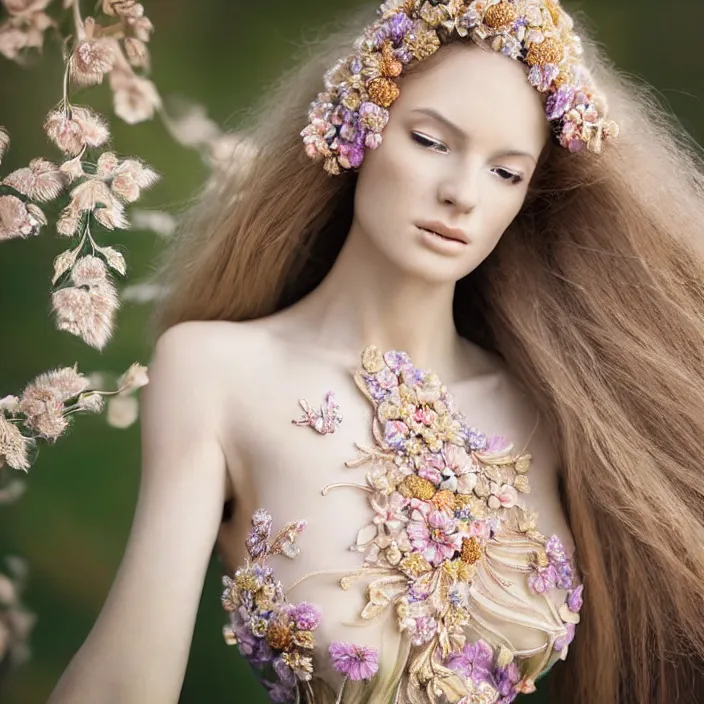 Image similar to photo portrait of a beautiful woman dressed in long elegant intricate ornamental ethereal floral dress, natural skin tone, highly detailed realistic flowers ornament in the upper side of breast, bust with a long beautiful neck , long blond hair are intricate with highly detailed realistic flowers, elegant, Realistic, Refined, Highly Detailed, natural outdoor soft pastel lighting colors scheme, outdoor fine art photography by la Chapelle, volumetric lighting, hyper realistic photography