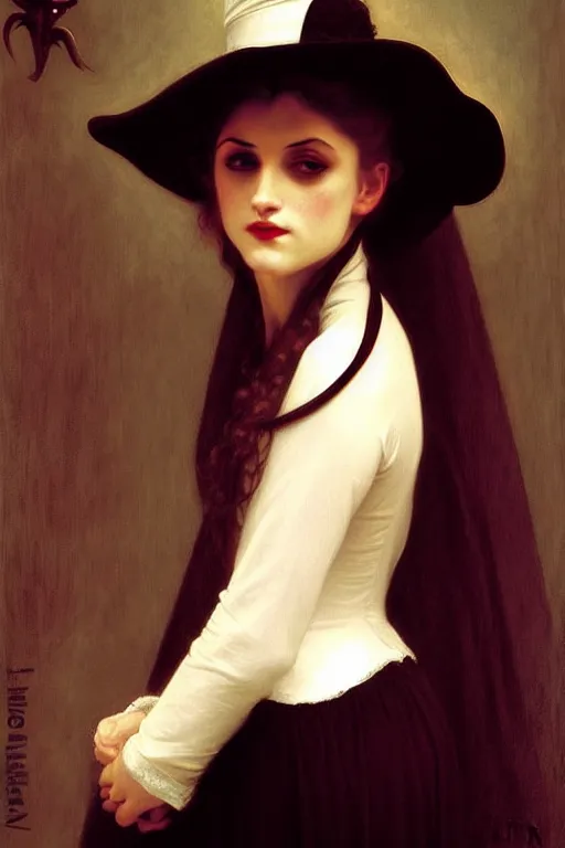 Prompt: victorian vampire in a big hat painting by rossetti bouguereau, detailed art, artstation