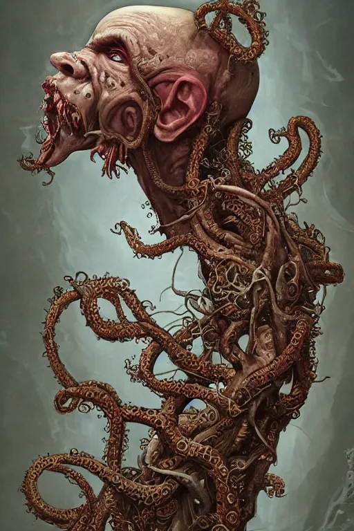 Image similar to centered horrifying detailed side view profile portrait of a insane, crazed, mad old bald zombie, ornate tentacles growing around, ornamentation, thorns, vines, tentacles, elegant, beautifully soft lit, full frame, 8 k by wayne barlowe, peter mohrbacher, kelly mckernan, h r giger