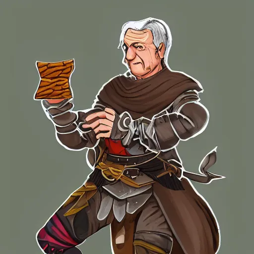 Prompt: dnd character portrait of human male fighter in his 6 0 s eating beef jerky