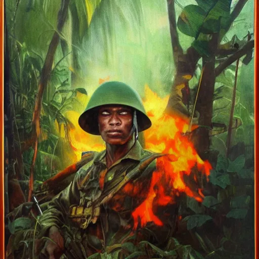 Prompt: ultra realistic portrait painting of a vietnam soldier in the jungle surrounded by orange flames, art by frank frazetta, vintage levi ’ s ad, stormy weather, dark vibes, 4 k, ultra realistic, highly detailed, epic lighting