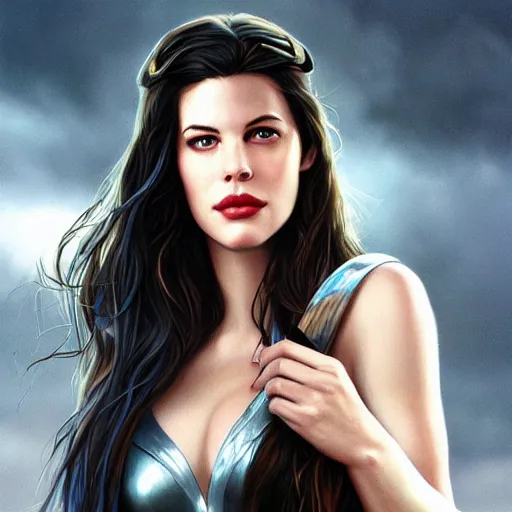 Image similar to liv tyler 2 0 - years old as the greek god of lightning, highly detailed, crazy aerosmith, young, by artgerm and greg rutkowski