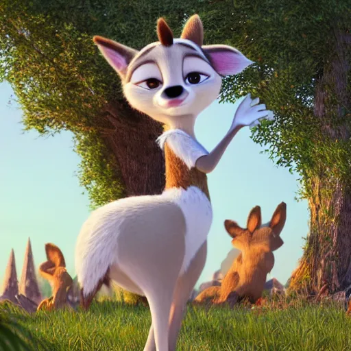 Image similar to portrait, 3 d render, tall slightly chubby anthropomorphic female deer, wearing along white dress, in the style of zootopia,