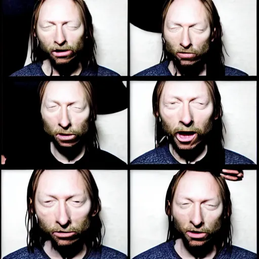 Image similar to photobooth of random thom yorke versions, hyper realistic, many very random variations of thom yorke, various emotions, various poses, high quality photographs, mixed styles, intricate details, diverse