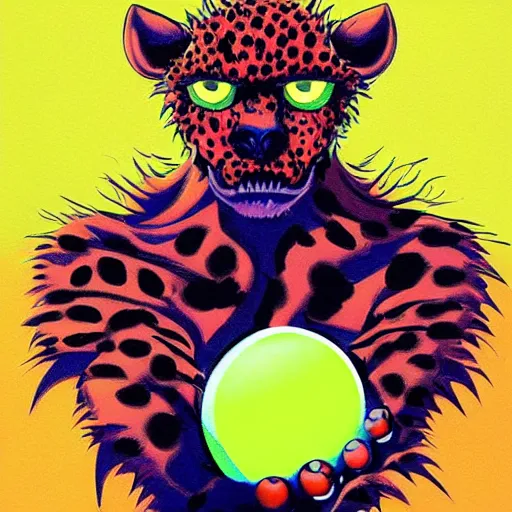 Image similar to a tennis ball monsters ,cheetah, colorful, digital art, fantasy, magic, trending on artstation, ultra detailed, professional illustration by Basil Gogos