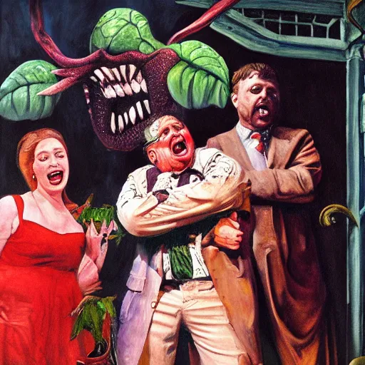 Prompt: Little Shop of Horrors as a Shakespearean tragedy, realistic oil painting