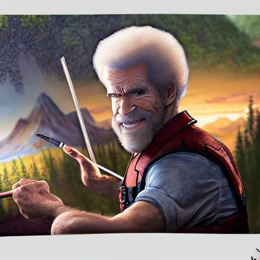 Image similar to a closeup photorealistic photograph of bob ross working on a canvas painting of deadpool. film still. brightly lit scene. mountains and trees. this 4 k hd image is trending on artstation, featured on behance, well - rendered, extra crisp, features intricate detail, epic composition and the style of unreal engine.