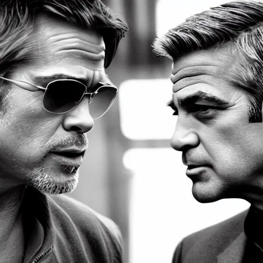 Prompt: a still of Brad Pitt and George Clooney facing each other. Brad on left George on right. Neutral expression. Close up shot, detailed. Professional photography.