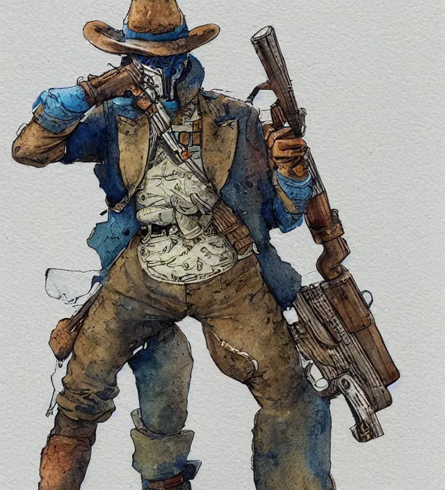 Prompt: a 3 / 4 view watercolor ink painting of an anthropomorphic bunny mercenary / gunslinger posing with their revolver - rifle in the style of jean giraud in the style of moebius trending on artstation deviantart pinterest detailed realistic hd 8 k high resolution