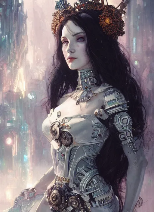 Image similar to portrait of beautiful cute pale gothic maiden, warhammer 40000, cyberpunk, intricate, elegant, highly detailed, digital painting, artstation, concept art, smooth, sharp focus, illustration, art by artgerm and greg rutkowski and alphonse mucha and Gustav Klimt