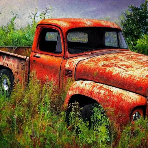 Prompt: Realistic impressionist painting of an old rusty pickup truck overrun by kudzu