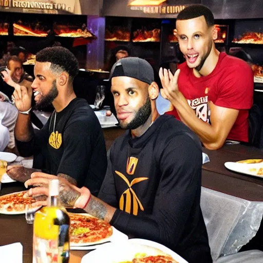 Prompt: Lebron James is eating pizza with Steven Curry