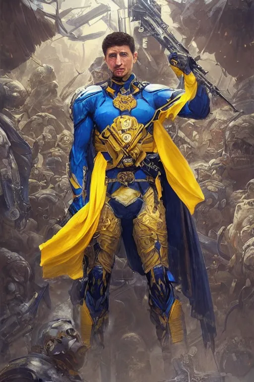 Image similar to shot of Vladimir Zelenskiy as a super soldier with Ukrainian blue and yellow flag on his back, handsome, fantasy, intricate, pile of skulls under his feet, elegant, highly detailed, digital painting, artstation, concept art, smooth, sharp focus, illustration, art by artgerm and greg rutkowski and alphonse mucha