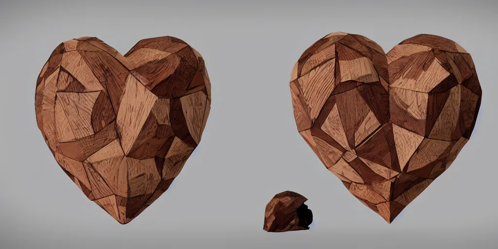 Image similar to wooden heart design, character sheet, 3d render, Greg Rutkowski, Zabrocki, Karlkka, Jayison Devadas, Phuoc Quan, trending on Artstation, 8K, ultra wide angle, zenith view, pincushion lens effect