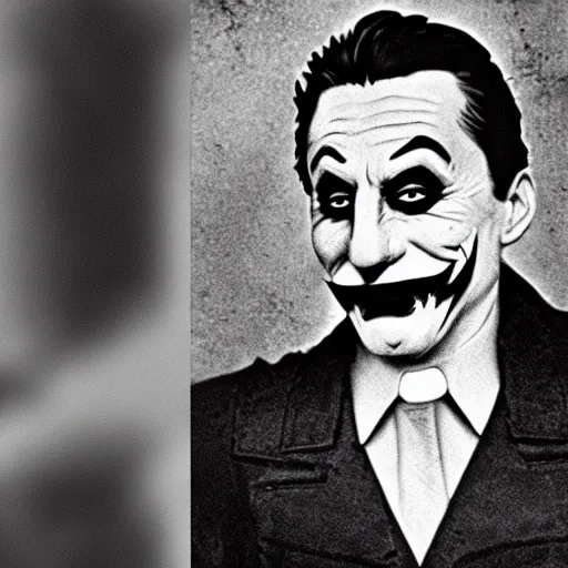 Image similar to a stylized black and white photograph of stalin dressed as the joker