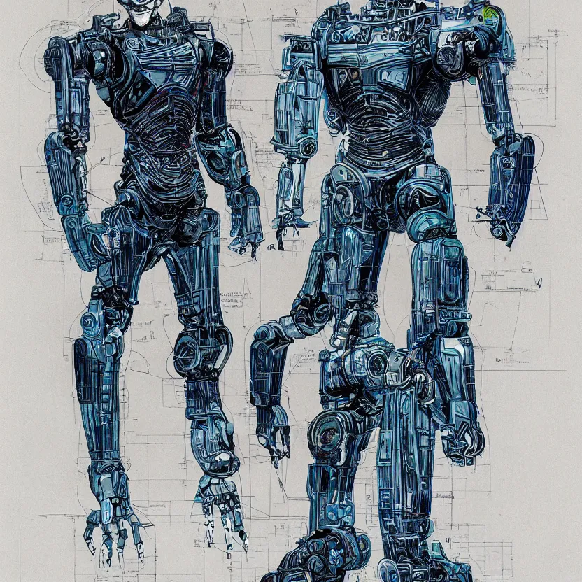 Image similar to blueprints for a robotic joker from the dark knight