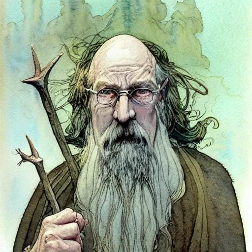 Image similar to a simple and atmospheric watercolour fantasy character concept art portrait of an old and wise wizard, very muted colors, by rebecca guay, michael kaluta, charles vess and jean moebius giraud