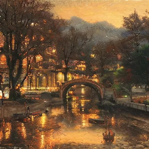 Prompt: Yuanmingyuan at dusk, Thomas Kinkade