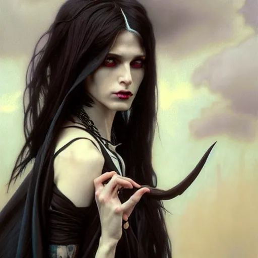 Prompt: portrait painting of an androgynous witch with shoulder length flowing black hair pale skin and beautiful dark brown eyes wearing a punk clothes, ultra realistic, concept art, intricate details, eerie, highly detailed, photorealistic, octane render, 8 k, unreal engine. art by artgerm and greg rutkowski and magali villeneuve and alphonse mucha