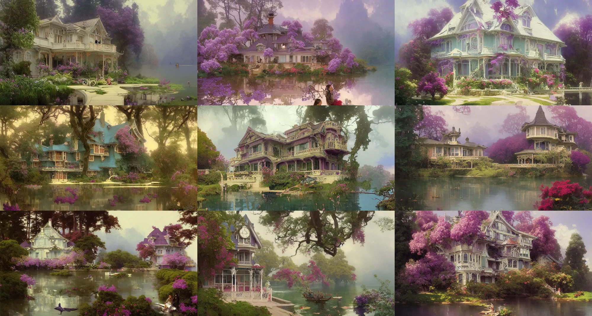 Prompt: lake house, lilac bushes, art nouveau architecture, fantasy, art by joseph leyendecker, peter mohrbacher, ivan aivazovsky, ruan jia, reza afshar, marc simonetti, alphonse mucha