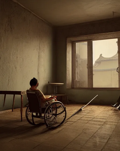 Image similar to artstation scifi scene a chinese village old ward, one ceiling fan, wheelchair, crutches, bed, dust, paneled walls, window, summer unreal engine 5, hyper realism, realistic shading, cinematic composition, blender render, octane render, hdr, detailed textures, photorealistic, wide shot