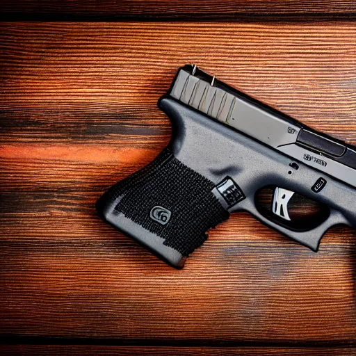 Prompt: a mefium shot photograph of a glock 18 on a wooden background