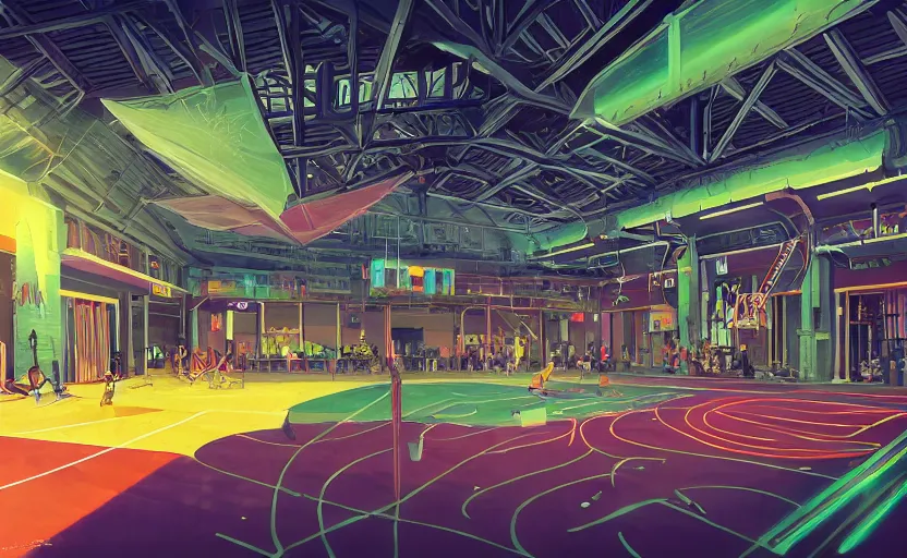 Prompt: gymnasium playing area, indoor, neon lights, highly detailed, digital painting, architecture, artstation, concept art, sharp focus, illustration