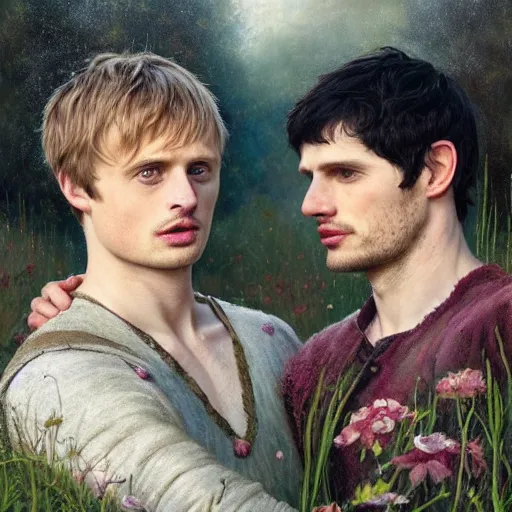 Prompt: bradley james and colin morgan, 2 guys. from the television show merlin ( 2 0 0 8 ). in a beautiful meadow in love and happy ; high - detailed oil painting by tom bagshaw in the style of gaston bussiere, trending on artstation, masterpiece, 4 k