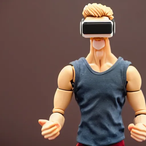 Image similar to action figure of a skinny blonde male wrestler wearing a vr headset and wearing a t - shirt and jeans, high detail, realistic,