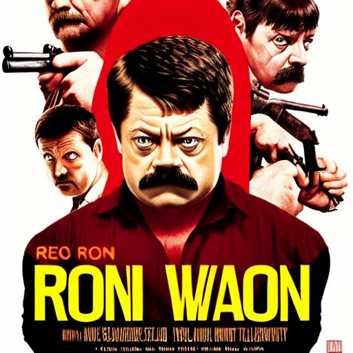 Image similar to High quality movie poster of Ron Swanson as Rambo, red sweatband