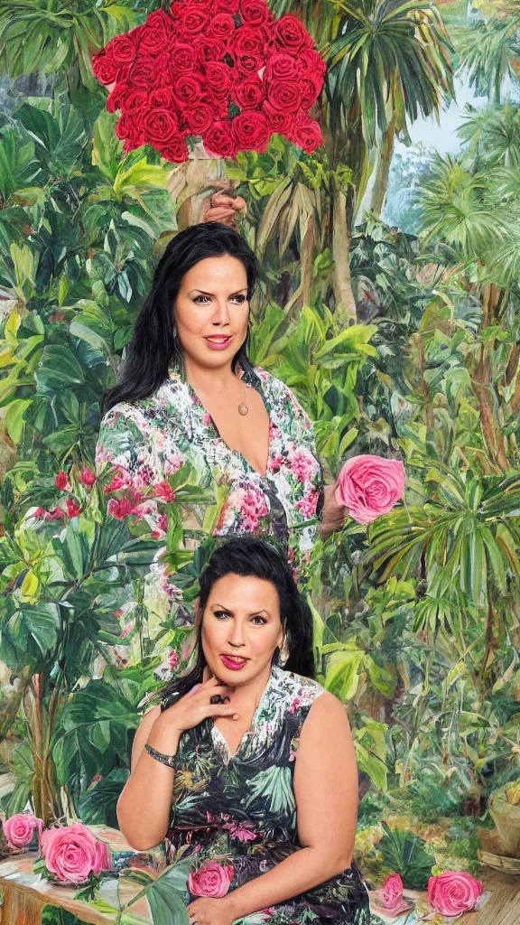 Image similar to rebekah delrio in a botanical room set near a persian pot of red roses and palm tree by narges shaeri