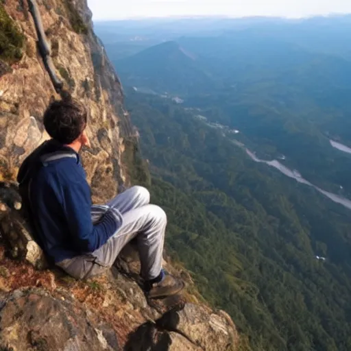 Image similar to man sitting on top peak mountain cliff looking at tsunami