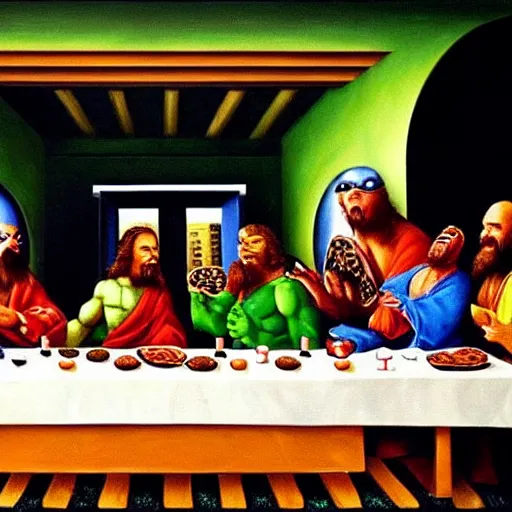 Prompt: realistic painting of the last supper with ninja turtles. pizza and coca cola are on the table. oil on canvas. 4 k