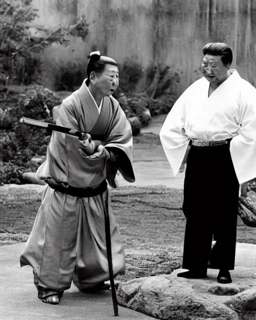 Prompt: Xi Jinping as Ronin Ogami Ittō in Lone Wolf and Cub and a Toddler sized Vladimir Puttin as Daigorō, Xi Jinping is Holding a Samurai Sword, photorealistic, Cinematic, Japanese