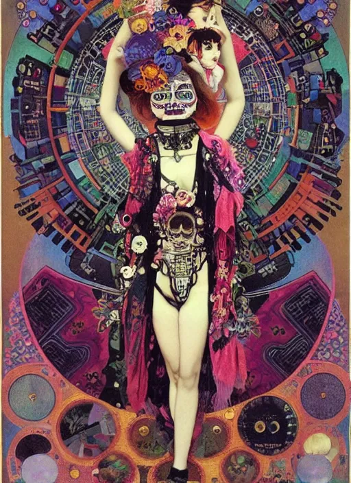 Image similar to cute punk goth fashion hippy fractal Día de los Muertos alien girl wearing kimono made of circuits and leds by Mario Testinoa, poster art by Hannah Höch Victor Moscoso Rick Griffin Alphonse Mucha Gustav Klimt Ayami Kojima Amano Charlie Bowater