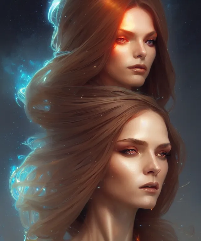 Image similar to futuristic woman portrait, sci - fi, amber eyes, face, long hair, fantasy, intricate, elegant, highly detailed, digital painting, artstation, concept art, smooth, sharp focus, illustration, art by artgerm and greg rutkowski and alphonse mucha