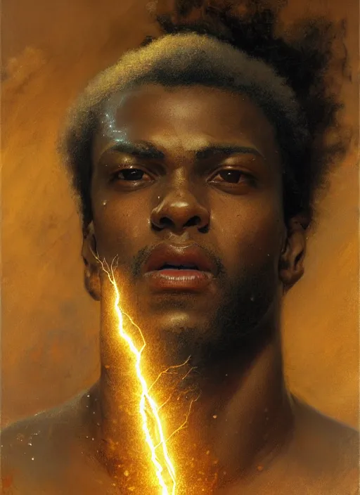 Image similar to young black man, god of lightning, powerful, smug expression, highly detailed painting by gaston bussiere, craig mullins, j. c. leyendecker 8 k, sparkling storm clouds