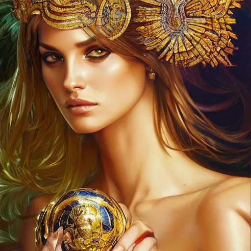 Prompt: Brazilian supermodel in an ad for Versace, intricate, elegant, highly detailed, digital painting, artstation, concept art, smooth, sharp focus, illustration, art by artgerm and greg rutkowski and alphonse mucha, 1980s