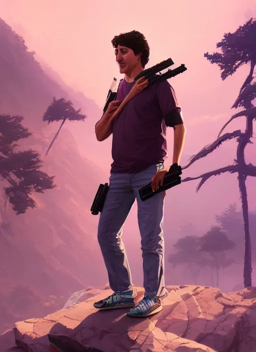 Prompt: highly detailed portrait justin trudeau in ( ( pink hoody rainbow socks ) ) holding ar - 1 5! ( setting costa rica ) in gta v stephen bliss unreal engine fantasy art by greg rutkowski loish rhads ferdinand knab makoto shinkai lois van baarle ilya kuvshinov rossdraws tom bagshaw global illumination radiant light detailed intricate environment