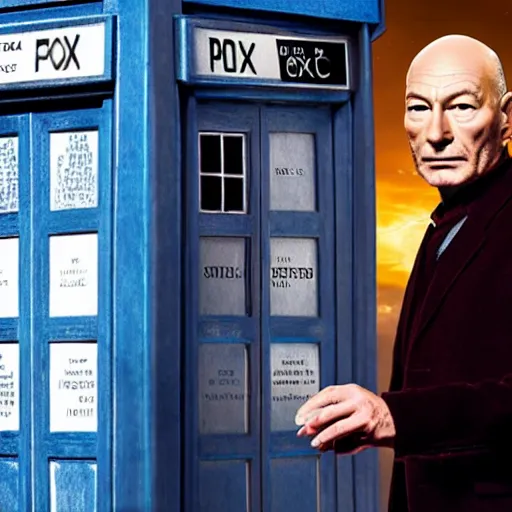 Prompt: doctor who played by Patrick Stewart, cinematic photo, distance shot,