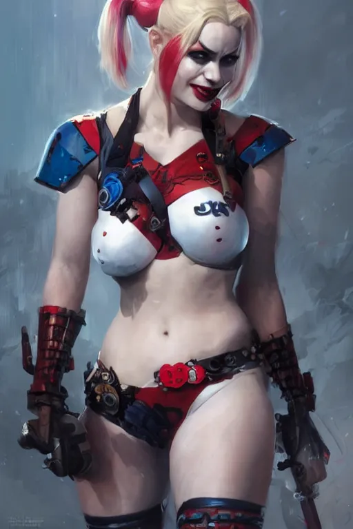 Image similar to portrait of Harley Quinn in bikini armor, dc comics, cyberpunk, Warhammer 40000, dark fantasy, digital art from artstation by Ruan Jia and Mandy Jurgens and Artgerm and william-adolphe bouguereau