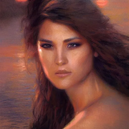 Image similar to elegant woman by the river, sunset, detailed face, correct face, painting by Gaston Bussiere, Craig Mullins