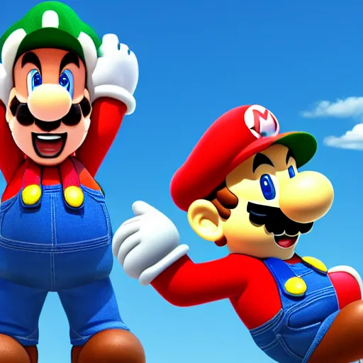 Prompt: mario and luigi with giant heads and tiny bodies