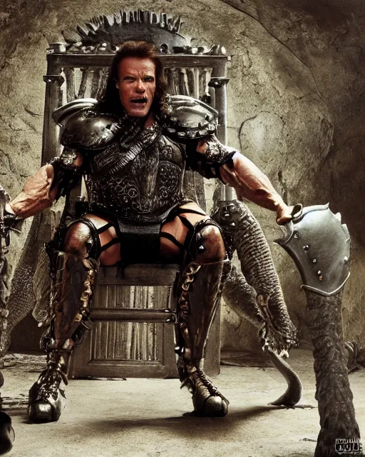 Prompt: arnold schwarzenegger as king conan, directed by john millius, photorealistic, sitting on a metal throne, wearing ancient cimmerian armor, a battle axe to his side, he has a beard and graying hair, on the floor in front of him is an armored komodo dragon, cinematic photoshoot in the style of annie leibovitz, studio lighting