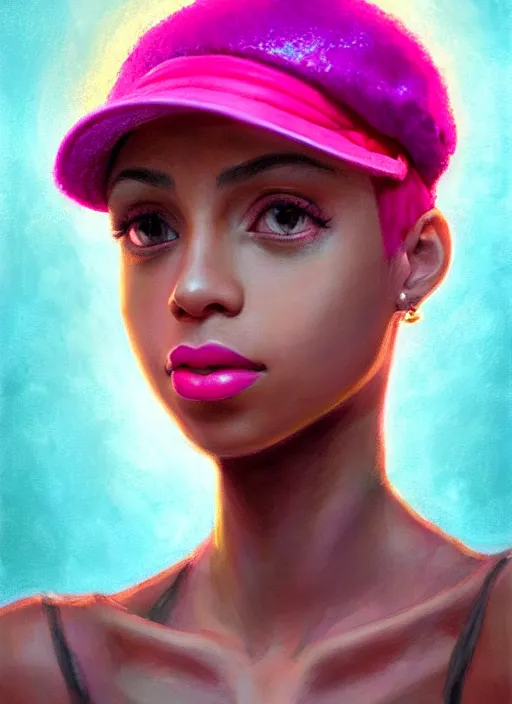 Image similar to portrait of teenage vanessa morgan with bright pink hair, black girl, vanessa morgan, curly pixie cut hair, wearing newsboy cap, newsboy cap, hoop earrings, intricate, elegant, glowing lights, highly detailed, digital painting, artstation, concept art, smooth, sharp focus, illustration, art by wlop, mars ravelo and greg rutkowski