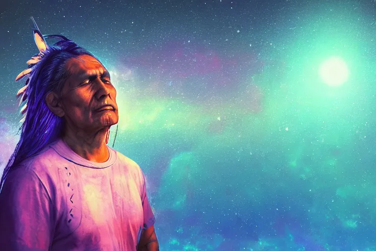 Image similar to photograph of a spiritual native american man looking up at the stars, art, universe, blender, pastel colors, synthwave, retro, cyberpunk,