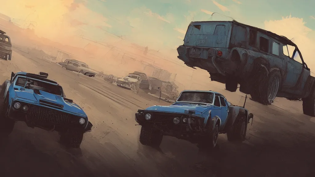 Image similar to digital illustration of mad max's fj 4 0 pursuit special, the last v 8 interceptor driving down a deserted cyberpunk highway in the middle of the day by studio ghibli, anime style year 2 0 9 3, by makoto shinkai, ilya kuvshinov, lois van baarle, rossdraws, basquiat