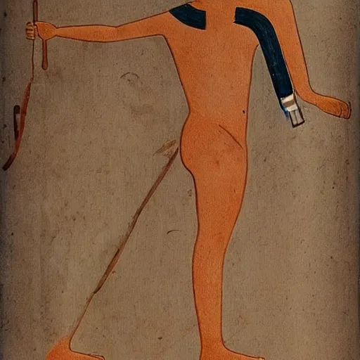 Image similar to Egyptian drawing of a man using a shake weight, ancient, photorealistic